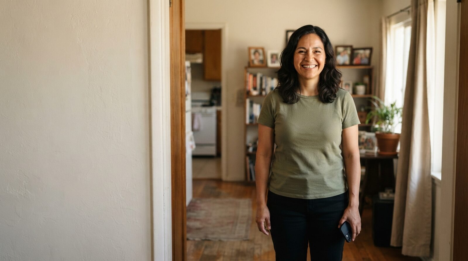 A woman in her thirties in a plain knit sweater, seated at a clean, well-kept wooden dining table in a bright, tidy Los